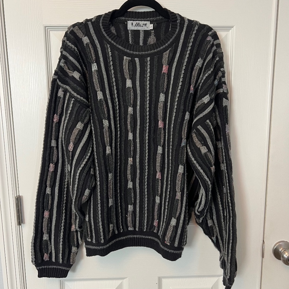 Vtg 90s Mens 3D Knit Sweater Black Multicolor Lavane Cosby Style Coogi Style L